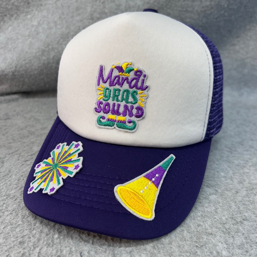 Mardi Gras Sound Unisex Purple Unbranded Trucker Hat Festive Patches OSFM